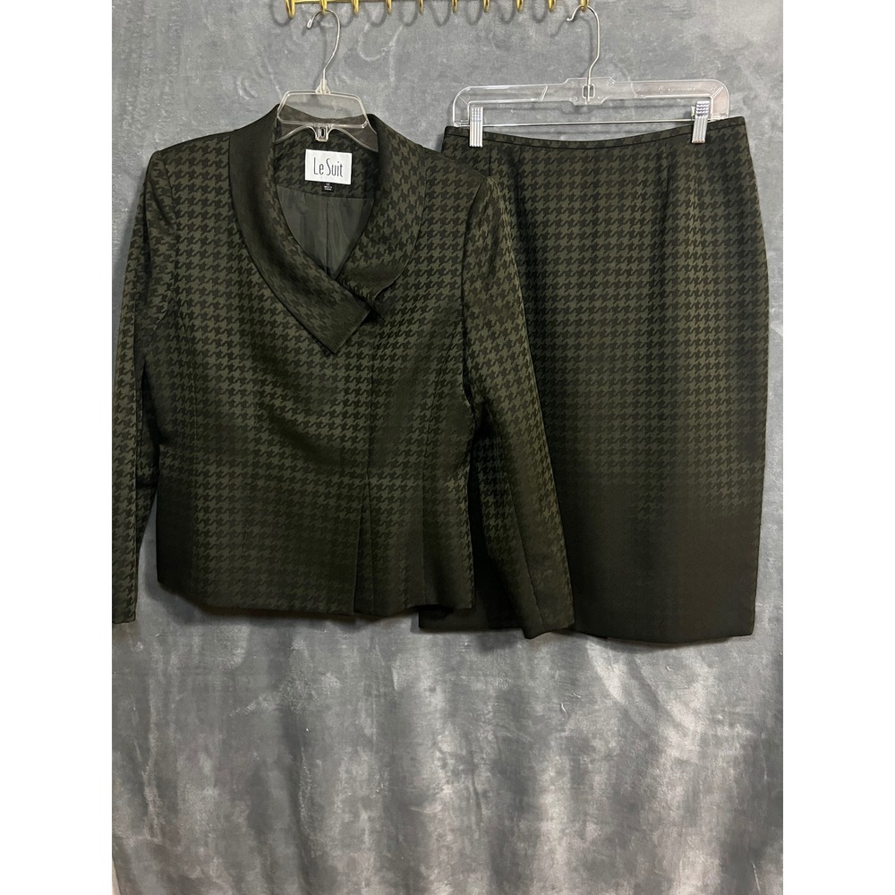 Le Suit Olive Green Houndstooth Skirt Suit 12 Shawl Collar Blazer 2 Piece